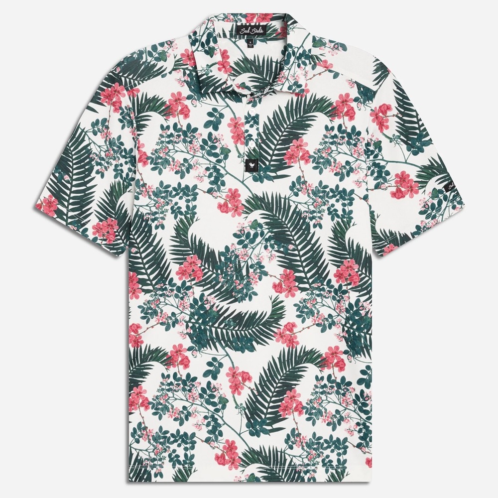Bad Birdie Men’s Pique Polo The Arborist Palm Floral Hawaiian Size XL